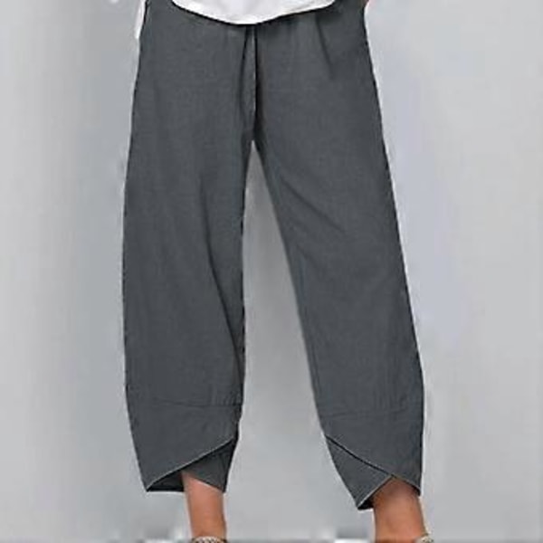 Dame og Herre Sommer Efterår Elastisk Talje Løse Ensfarvede Bukser Dame Bomuld Hør Bukser (4XL grå)