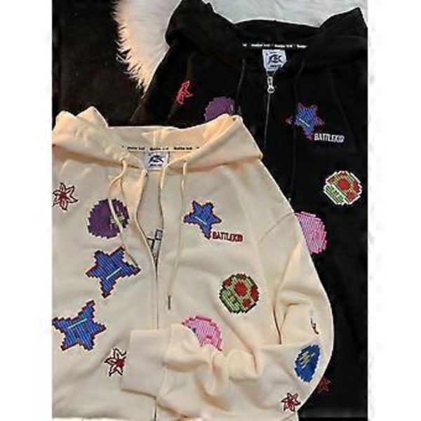 Tynd sweatshirt dame hætte broderi på ryggen stribe dobbelt lag hætte trend (XL Abrikos)