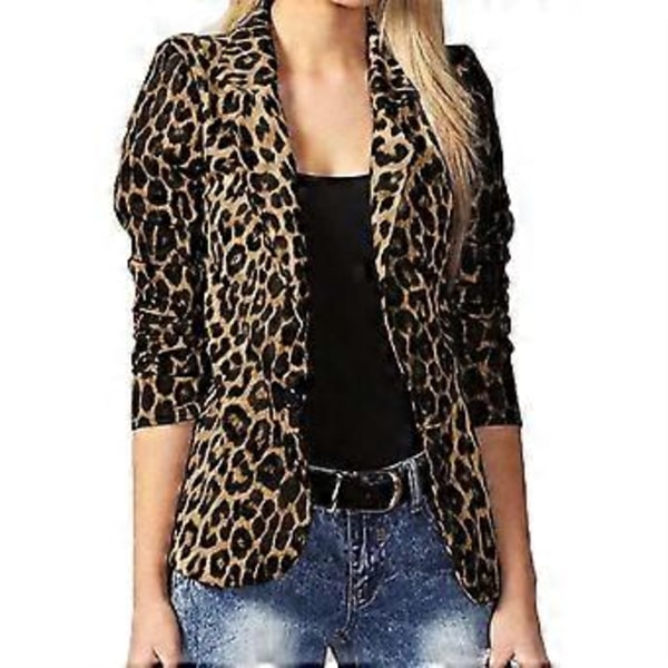 Dame Blazerdragt med nedadvendt krave, lange ærmer, leopardprint, løse knapper, plusstørrelser (L gul)