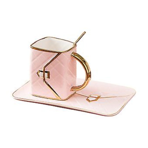 Speciell Handväskeformad Kaffemugg Set, Leepesx med Fat & Sked (Rosa)