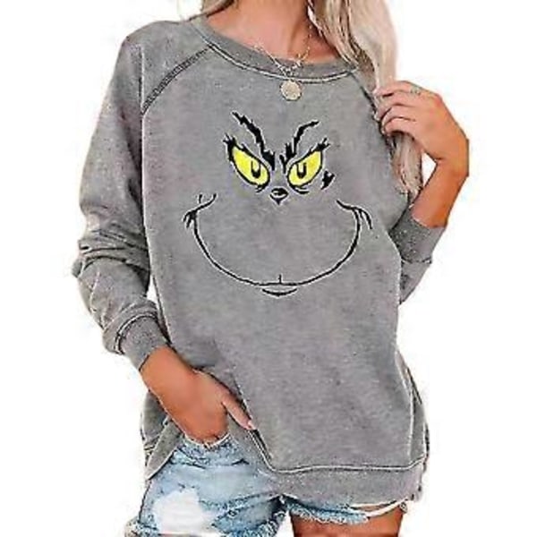 Jul The Grinch Trykk T-skjorte Jul Kvinner Langermet Genser Pullover Topper Bluse -NMAOV(M Grå)