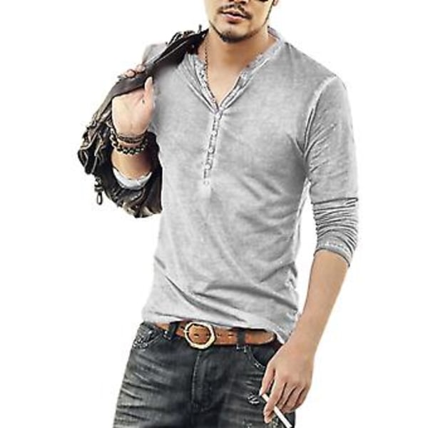 Fianao Langærmet Herre T-shirt Ensfarvet Casual V-hals Tynd Knapper T-shirt Mænds Tøj (XL Lysegrå)