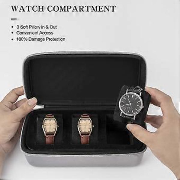 Bärbar Klockförvaringslåda Displayhållare Klockresefodral 3 Fack Klockdisplay Presentförpackning Ficka Smycken Armband Box Svart (Svart)