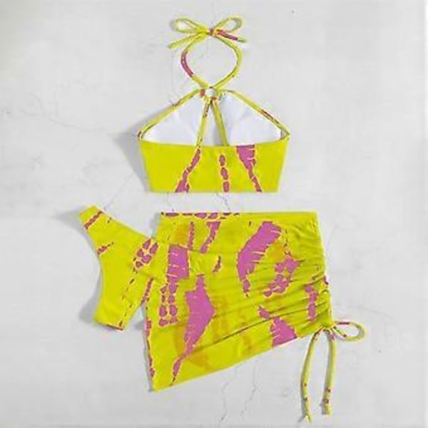 Gul XL Dame Kryssende Halter Bikini Badedrakt Sett Moderne Casual Tie Dye 3-delt Badedrakt med Strandskjørt