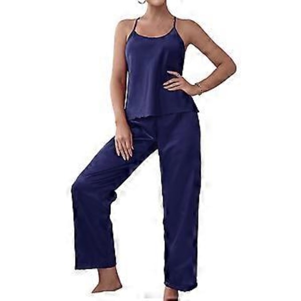 Dam 2-delad Pyjamas Supermjuk Rygglös Linne Topp Långbyxor Sovkläder Loungewear Set (M Marinblå)