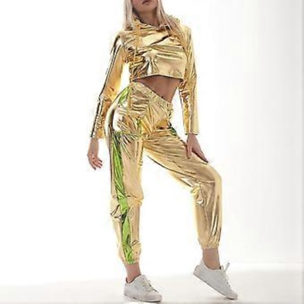 Rave-antrekk for kvinner, skinnende crop top-hettegenser, metallisk fritidsbukse, hettegenser-treningsgenser, discodanse-klubbklær (Large Gold -Fluorescent Gree)