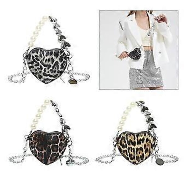 Fashionabel hjärtformad leopard PU crossbody-väska med kedja för kvinnor 2024 retrostil axelväskor avslappnad handväska svart (svart)