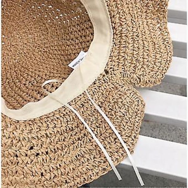 Dame Vintage Mode Foldbar Strå Bucket Hat Flet Sommer Strand Solhat Sløjfe (Lys Kaffe)