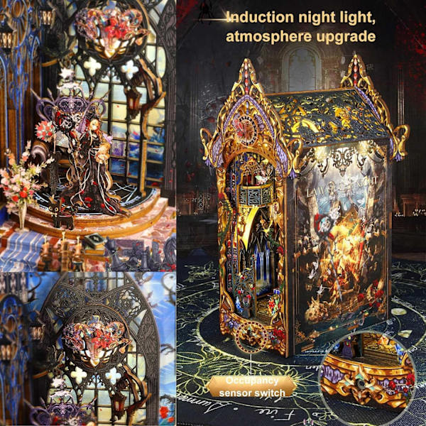 DIY trædukkehusbøger, bogkrogssæt med LED-lys, 3D-puslespilsbygningsmodelkit, miniature C