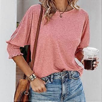 Dame Crew Neck Tunika Top Tee Top 3/4 Ærme Basic T-shirts Basic Tee Bluser Ensfarvet Løs Pasform Tunika Top Bluser Sort S(S Sort)