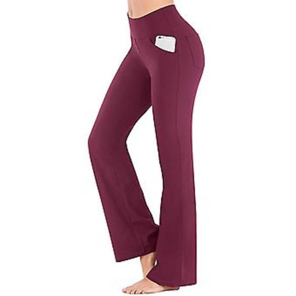 Damernas Högmidjade Flared Byxor Bell Bottom Yogabyxor Med Fickor Plus Size (S Vinröd)