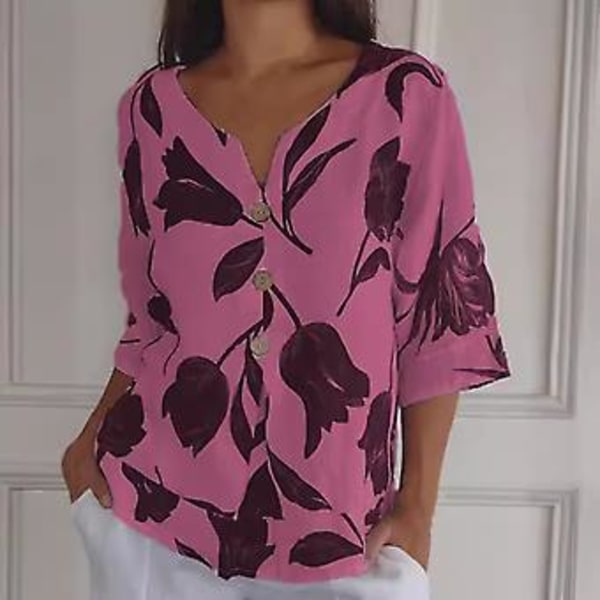 Sommar Casual Skjorta Kvinnor V-ringad Knappar Dekoration 3/4 Ärm Blus Blommig Tryckt Lös Passform Pullover Toppar Streetwear (L Röd)