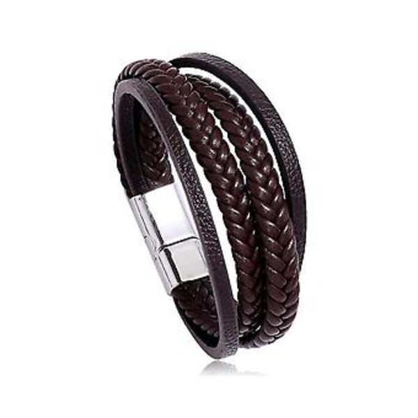Magnetisk Herre Læder Armbånd Flettet Armbånd Armring (Sølvspænde & Brun)
