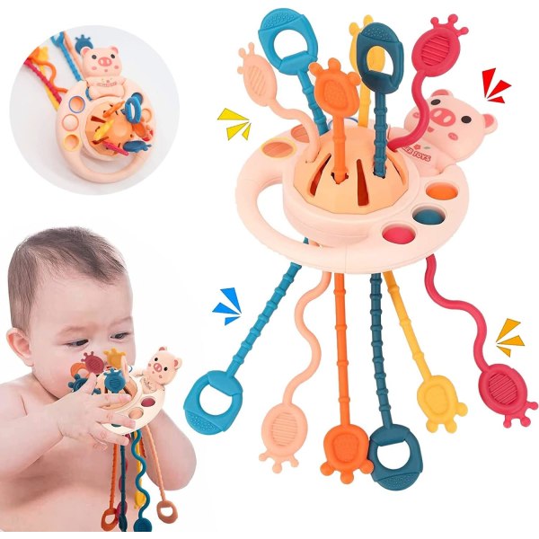 （gris）Montessori-leksaker för bebisar 18 månader, sensoriska leksaker och dragrep, silikonaktivitetsleksaker, utbildning