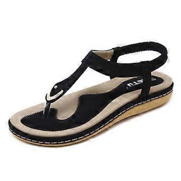 Sommernye sandaler for kvinner med metallspenne, avslappet og komfortable flate sko (41 Svart)