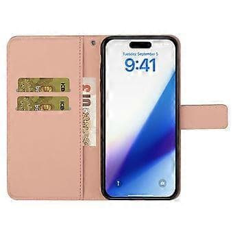 Læderpung-etui til iPhone 15, præget blomster stødsikkert telefonstativcover