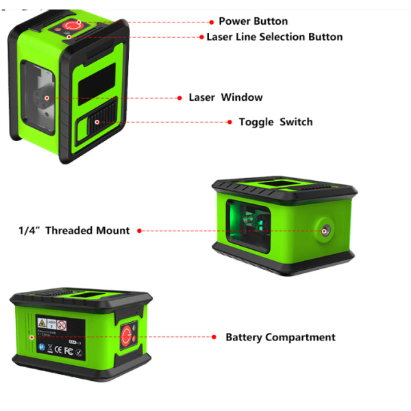 Grønt laserniveau, udendørs laserniveau, to moduler, kryds/H