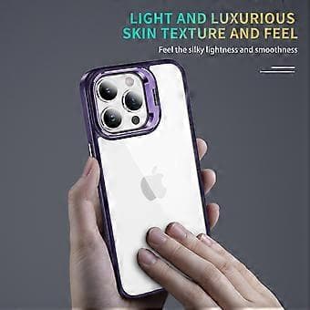Etui til iPhone 15 Pro Max med linsebeskyttelsesramme, kickstand, TPU+akryl, anti-fall (Stil E)
