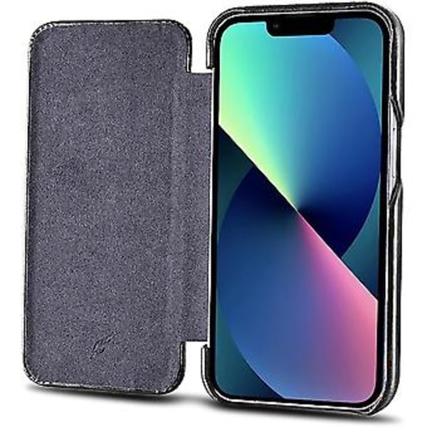 Läderfodral Kompatibelt med iPhone 13 mini - Vintage Stil Äkta Läder Flip Folio Design Cover - Inbyggd Magnetisk Stängning - svart