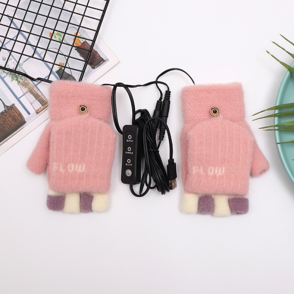 USB uppvärmda handskar (rosa), vinterhandskar för män, kvinnor, tvättbara Kn