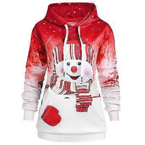 Dame Jul Snemand Print Langærmet Hætte Casual Sweatshirt Pullover Top -NMAOV(XL Rød)