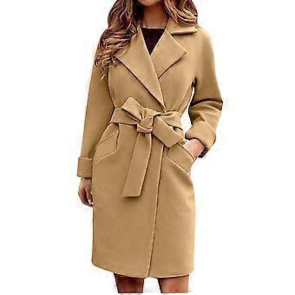 Høst Vinter Kåper For Kvinner Ullblanding Lange Jakker Nedfelt Krage Slim Belte Bandasje Yttertøy Overfrakk (XL khaki)