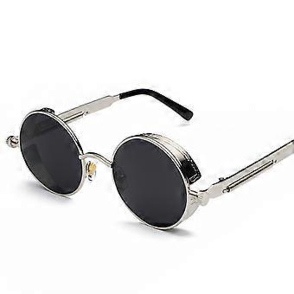 Runda polariserade vintage steampunk-solglasögon för män och kvinnor, retro solglasögon nya (Silver)