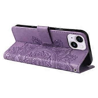 Läderfodral med präglade 7-bladiga blommor för iPhone 15 Plus (Ljuslila)