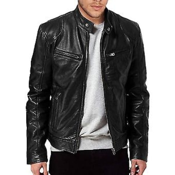 Mænds Slim Fit PU Læder Personlig Lynlåsjakke (2XL Sort)
