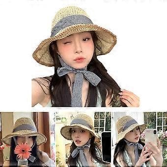 Håndvævet stråhat til kvinder, solstråhat med langt bånd, elegant bonnethat, dame foldbar floppy hat til camping, farve 1 (farve 1)