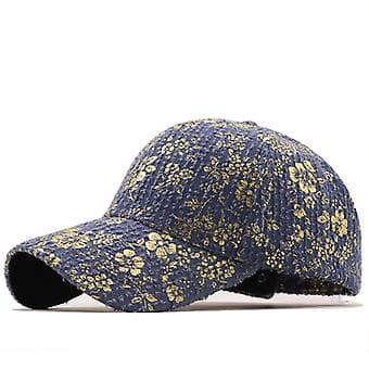 Baseballcaps for kvinner, blomstermønster, gulltrykk, brodert hatt, semsket snapback-stropp (Blå)