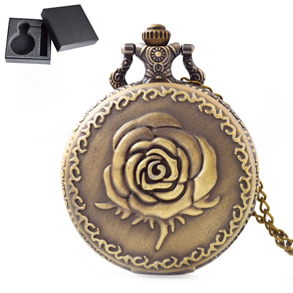 Vintage Roses -taskukello, kvartsi taskukello ketjulla, roomalaiset numerot