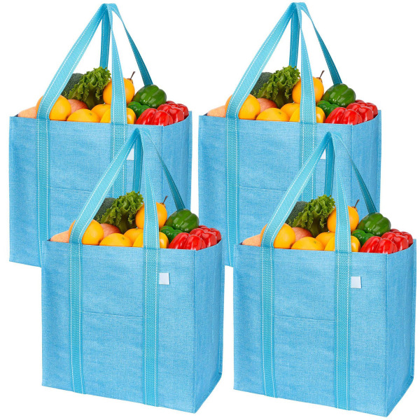 Set med 4 blå återanvändbara shoppingkassar och kassar, förstärkt botten,