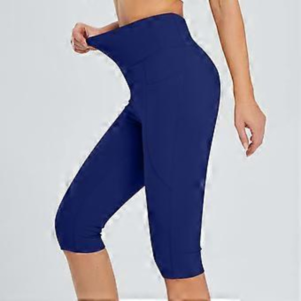Naisten polvipituiset capri-leggingsit taskuilla rentoon treeniin, kesäiset korkeavyötäröiset joogahousut, leggingsit Sininen M (M Sininen)