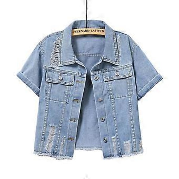 Lys Farvet Kort Denim Jakke Kortærmet Jakke Dame Sommer Skjorte Toppe(XL )