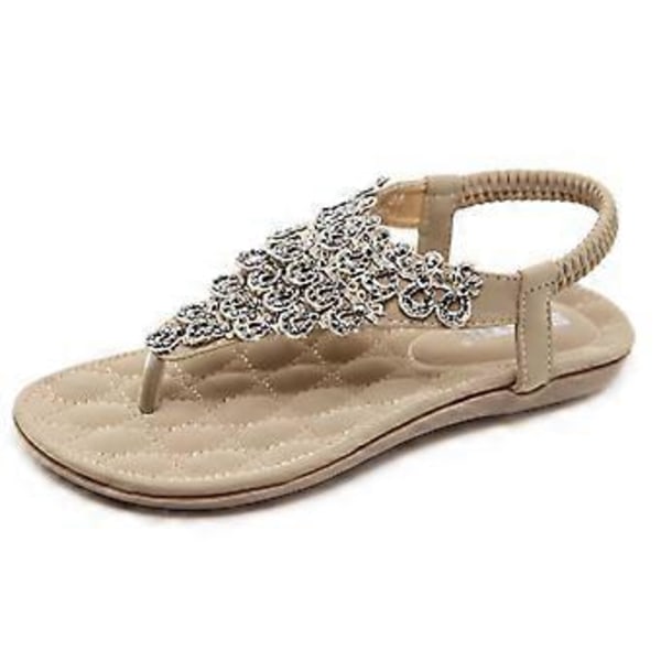 Sommersandaler Rhinestone Boho Store Størrelse Dame Flade (EU 37 Abrikos)