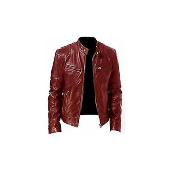 Herrar Slim Fit PU Läder Personlig Dragkedja Jacka (L Burgunder)