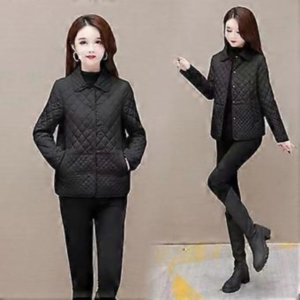 Höst Vinter Dam Midi Rutiga Quiltade Jackor Mode Kvinnlig Koreansk Klädsel Enfärgad Casual Tjock Varma Långärmade Jackor Plus Storlek (M svart)