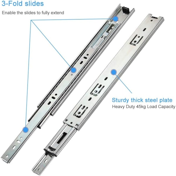 2-pack med full extension-lådslider, 350 mm, maxbelastning 45 kg, kullager, för köksskåp, Si