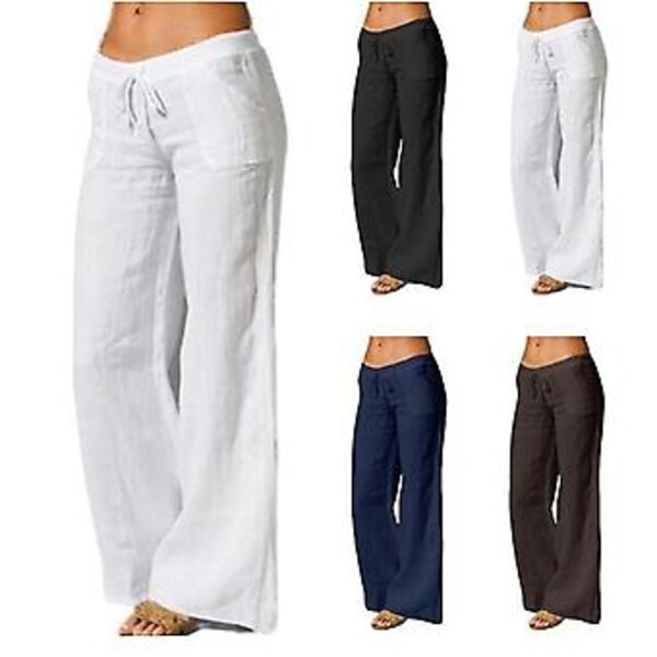 Women's Cotton Linen Wide Leg Pants Solid Casual Elastic Waist Long Trousers(M coffee)