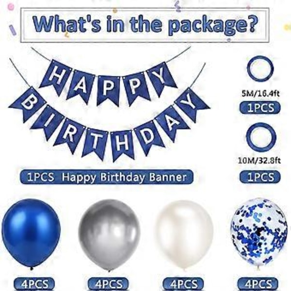 Grattis på födelsedagen Banner Girlang Royal Blå Festballonger Konfetti Latex Ballon Festbanner För Pojkar Kvinnor Män Födelsedag Banner Dekoration