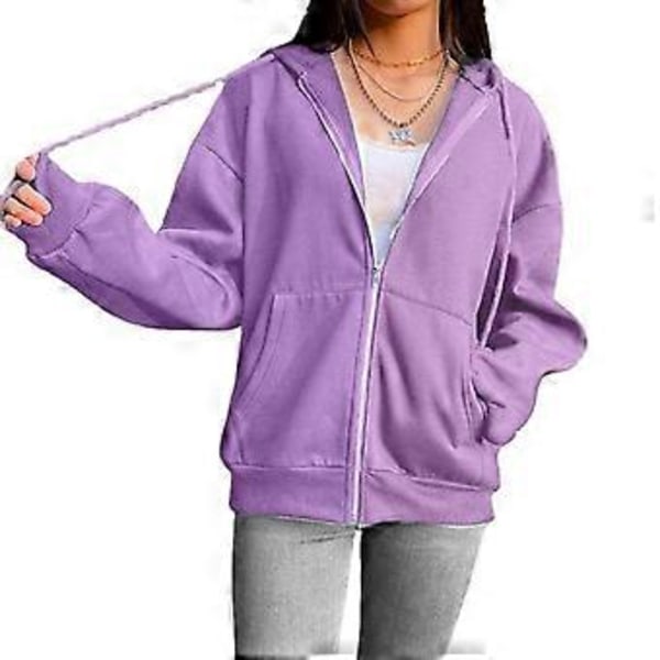 Hættetrøje med snøre, lange ærmer, lommer og lynlås, efterårsfarve, dame sweatshirt jakke (L lilla)
