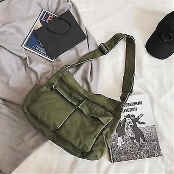 Tooling Messenger Axelremsväska för Män och Kvinnor Canvasväska Student Street Stor Kapacitet Casual Litterär Canvasväska Yj51-2 (Grön)