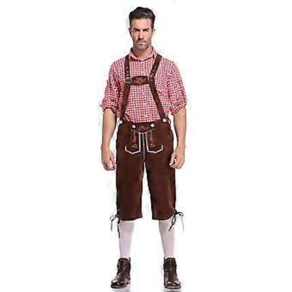 Tysk Traditionell Oktoberfest Klädsel för Män Rutig Skjorta Broderade Hängslen Kostym (XL Röd Skjorta och Bruna Overaller)
