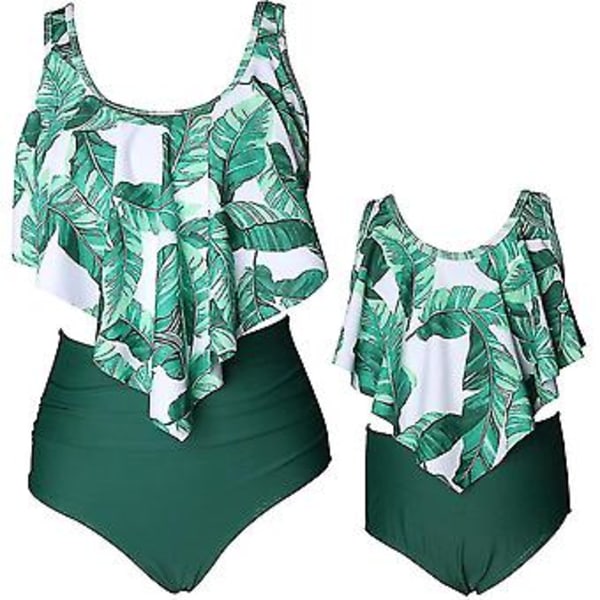 Flickbaddräkt Tvådelad Bikini Set Volang Falbala Badkläder Baddräkter-e( Gröna Löv)