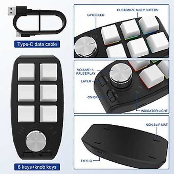 Tilpasset programmeringsmakroknapp-tastatur 6 taster 1 knapp Kopier lim inn USB RGB (Hvit Bluetooth)