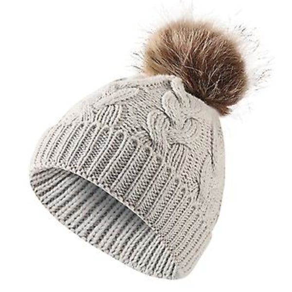 Barn Bomullsstrikket Beanie Lue med Pompom for Gutter og Jenter Vintervarmer (Lysegrå)