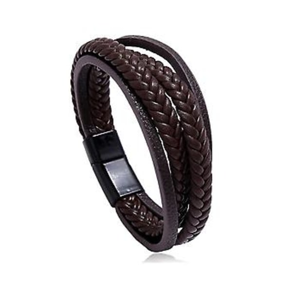 Magnetiskt Läderarmband för Män, Flätat Armband (Svart Spänne & Brun)