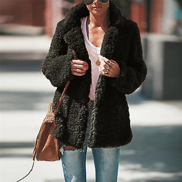 Dame Teddy Bear Fleece Fluffy Jakke Cardigan Frakke Yderbeklædning (S Sort)