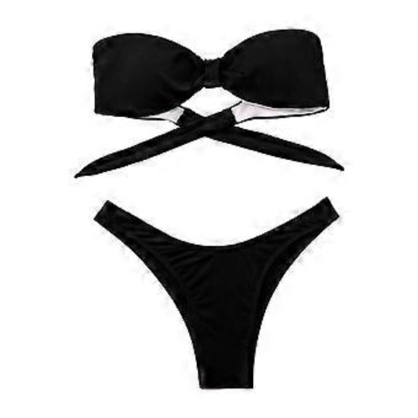 Ensfarvet Bikini Sæt Sexet Slank Lille Bryst Dækket Samlet Wrap Badedragt Høj Talje Tube Top Split Snøring Badedragt Sort S(S Sort)